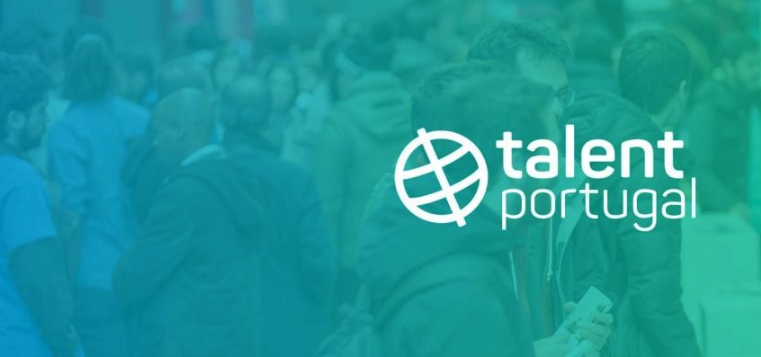 Blue and green background with people with Talent Portugal Logo