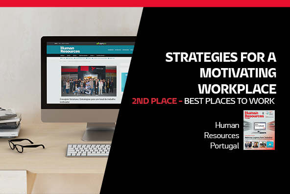 Computer screen displaying the Human Resources Portugal website alongside English text "STRATEGIES FOR A MOTIVATING WORKPLACE - 2ND PLACE - BEST PLACES TO WORK" and the Human Resources Portugal logo.