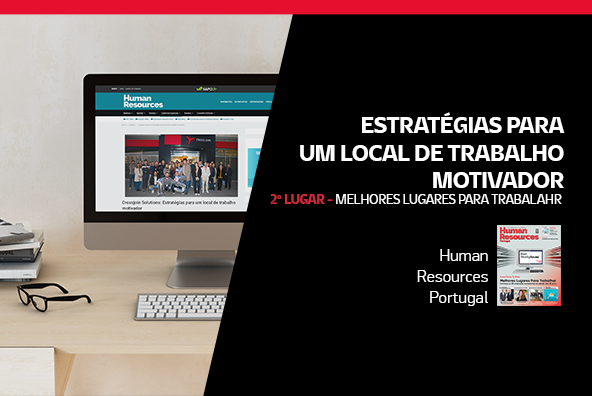 Ecrã de computador a exibir o website da Human Resources Portugal ao lado de texto em português "ESTRATÉGIAS PARA UM LOCAL DE TRABALHO MOTIVADOR - 2º LUGAR - MELHORES LUGARES PARA TRABALHAR" e o logótipo da Human Resources Portugal.