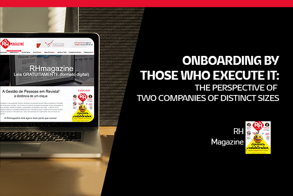 Laptop screen displaying the RHmagazine website side by side with Portuguese text "Onboarding by Those Who Carry It Out: The Perspective of Two Companies of Different Sizes" and the RHmagazine logo.