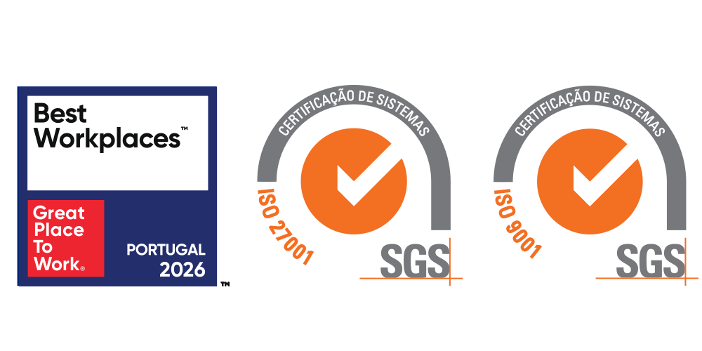 Logótipos de certificação: Best Workplaces Portugal 2026, e Certificações de Sistemas SGS para a norma ISO 27001 e norma ISO 9001.